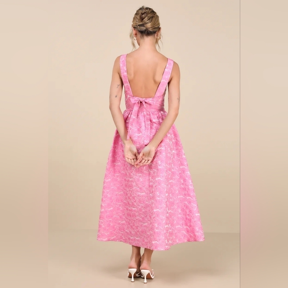 Lulus Rudra Pink Floral Jacquard A-Line Backless Midi Dress S Wedding Party Prom - Picture 5 of 12